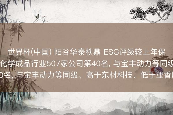 世界杯(中国) 阳谷华泰秩鼎 ESG评级较上年保管AA， 位居GICS三级化学成品行业507家公司第40名， 与宝丰动力等同级、高于东材科技、低于亚香股份等